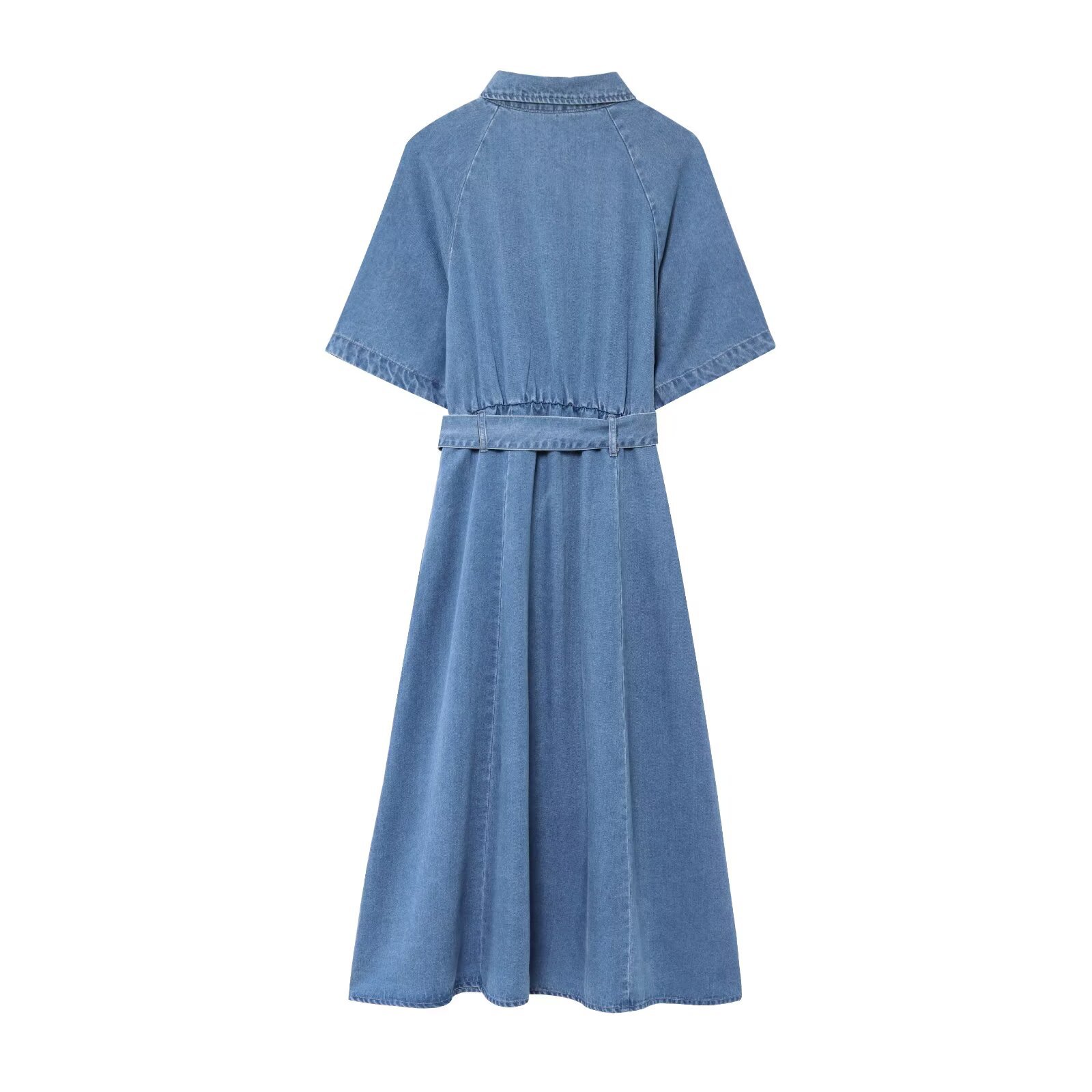 ZBZA Robe en jean à lacets pour femmes, revers, manches courtes, simple boutonnage, jupe mi-longue trapèze, printemps été, nouvelle jupe longue décontractée chic