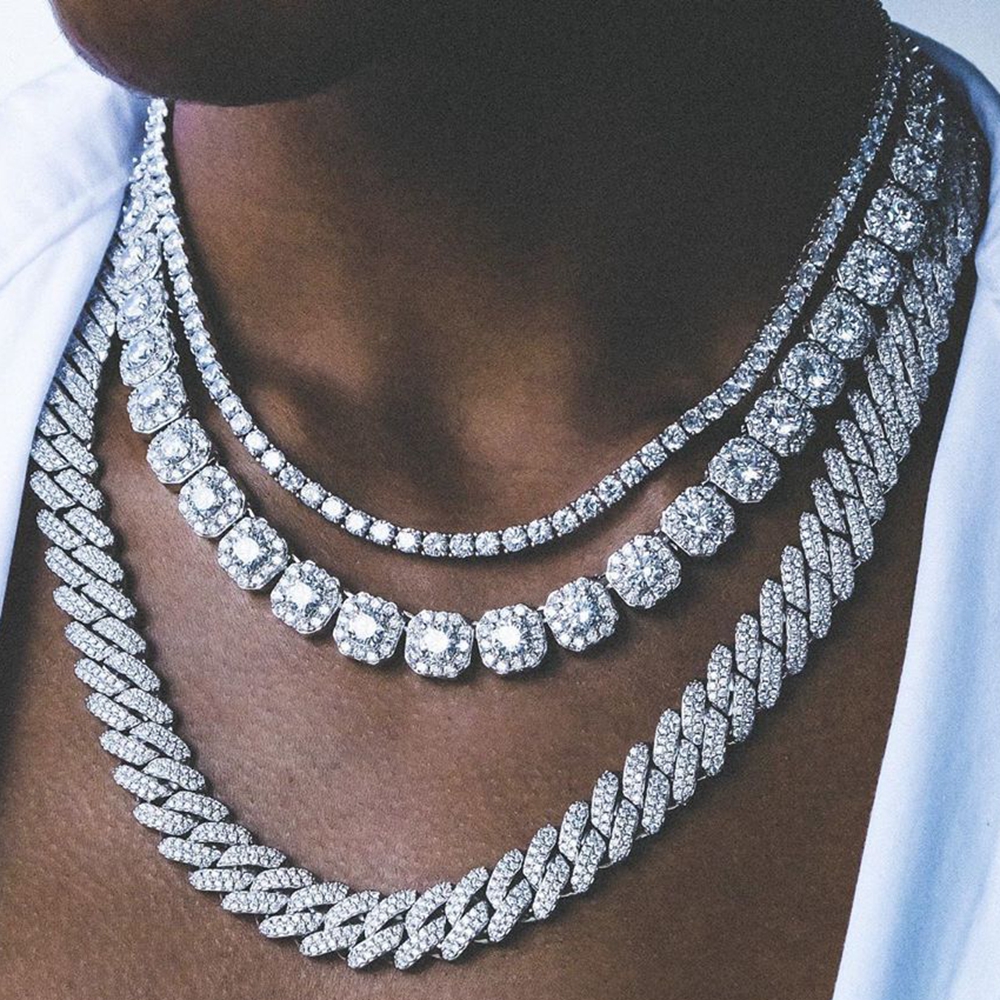 Collar de cadena de eslabones cubanos con punta de lujo para hombre y mujer, collares de cadena de tenis con racimo de circonita de cristal ostentoso, joyería de Hip Hop