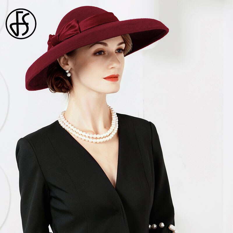 Fs fedora hoeden dames grote rand zwarte wollen hoed winter vilt kerkhoed voor bruiloft bolhoed cloche hoeden derby sombrero vrouw: Rood