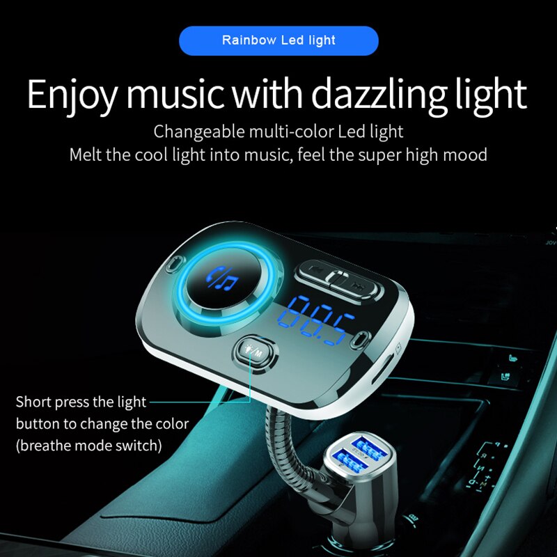 Transmisor Fm con Bluetooth, modulador Fm inalámbrico para coche, reproductor Mp3 para coche, Kit de coche, cargador Bluetooth manos libres para coche con luz ambiental