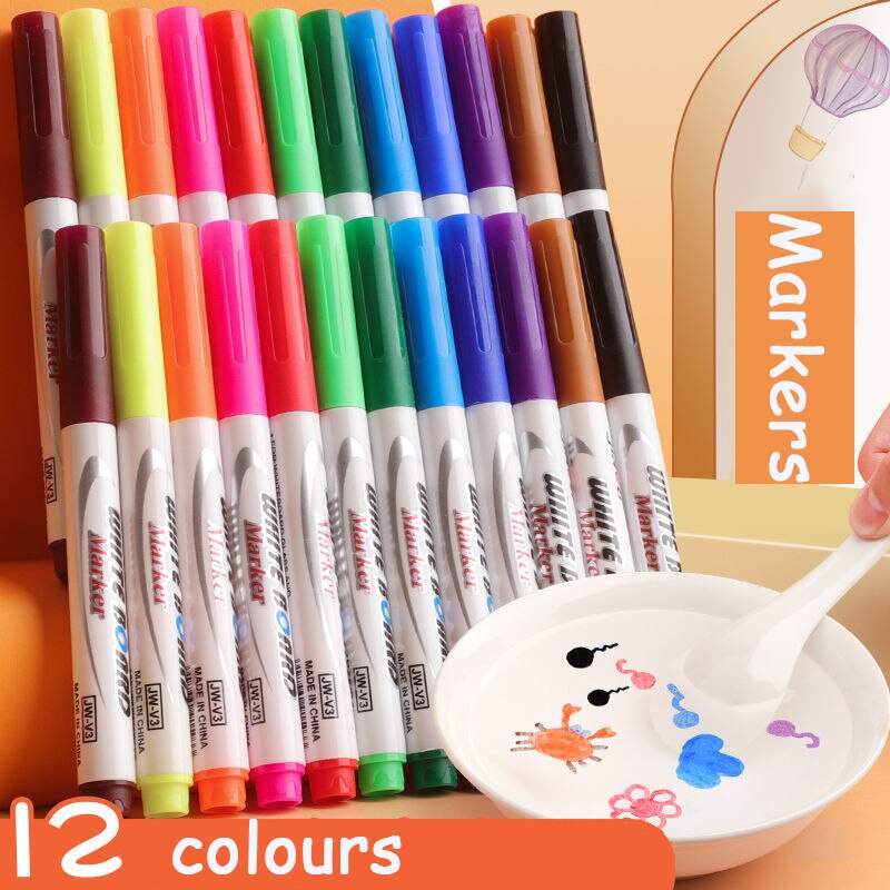 12pcs/set Magical Water Painting Pen Water Floating Doodle Pens Kids Drawing Markers Early Education Magic Whiteboard Marker