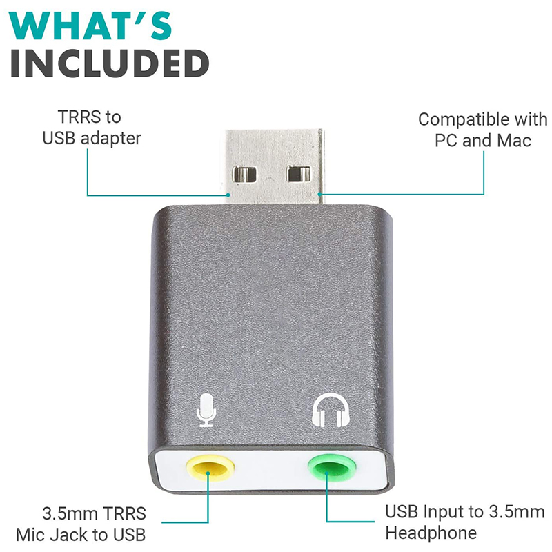 3,5mm trs microphone to usb 2,0 stereo audio external sound card adapter for pc and mac, usb input,  zu 3,5mm trs