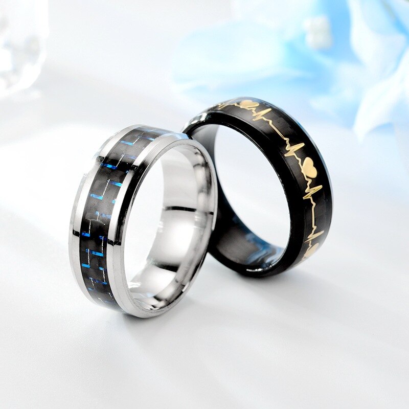 1pc luminoso humor ecg anel de aço inoxidável fibra carbono casal anel de casamento promessa coração anel brilhante jóias para homens
