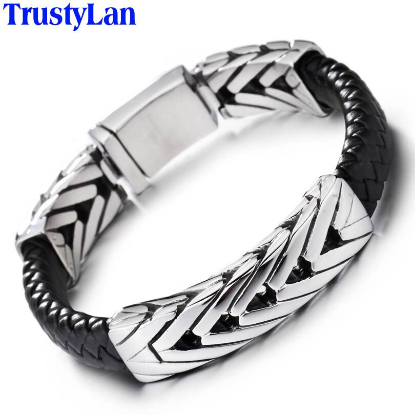 TrustyLan Brand Men's Bracelets Black Leather & Stainless Steel Wrap Bracelet Men Jewelry For Him Pulseras Hombre