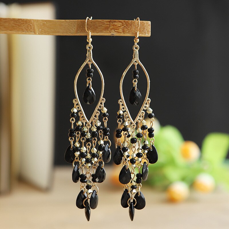 Boho Colorful Resin Beads Tassel Dangle Earrings for Women Long Bohemia Acrylic Earrings Jewelry Accessories: E1800-Black