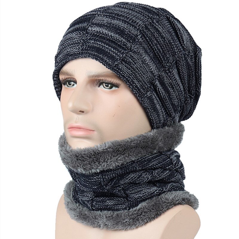Nyaste varma mössor för män casual stickad mössa halsvärmare vintermössor för män utomhus skullies mössor varm fleecehatt: Marinblå
