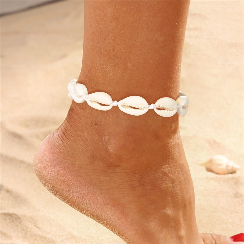 Bohemian Shell Anklets for Women Handmade Leather Woven Natural Shell Foot Jewelry Summer Beach Barefoot Bracelet ankle on Leg