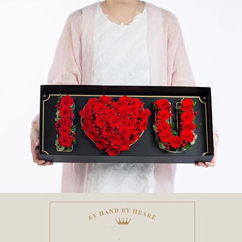 Rectangular Flower Box With Flower Mud Slot Valentine's Day Top Bouquet Packaging Box I Love U Pattern Florist Supply