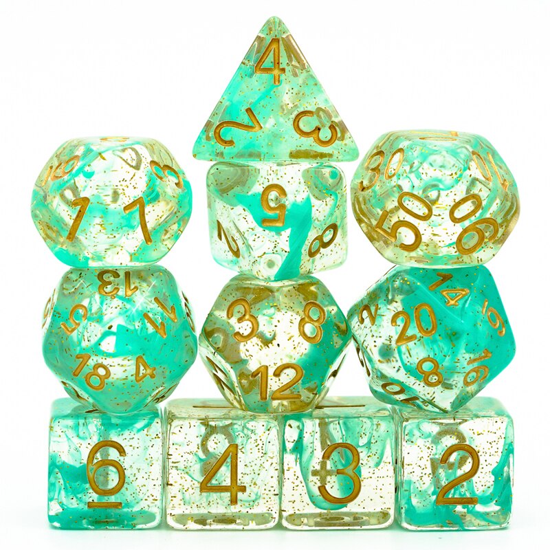 11pcs/set DND Dice D&D Dice D4 D6 D8 D10 D% D12 D20 Polyhedral Games Dice Set for Table Games MTG RPG: Green with Gold