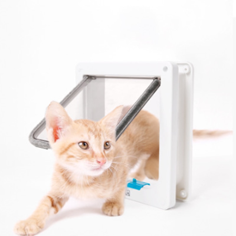 Dog Gate Cat Flap Door 4 Way Lockable Security Entrance Exist Door Plastic Small Dog Door Kit for Doghouse Kennel Pet Supplies