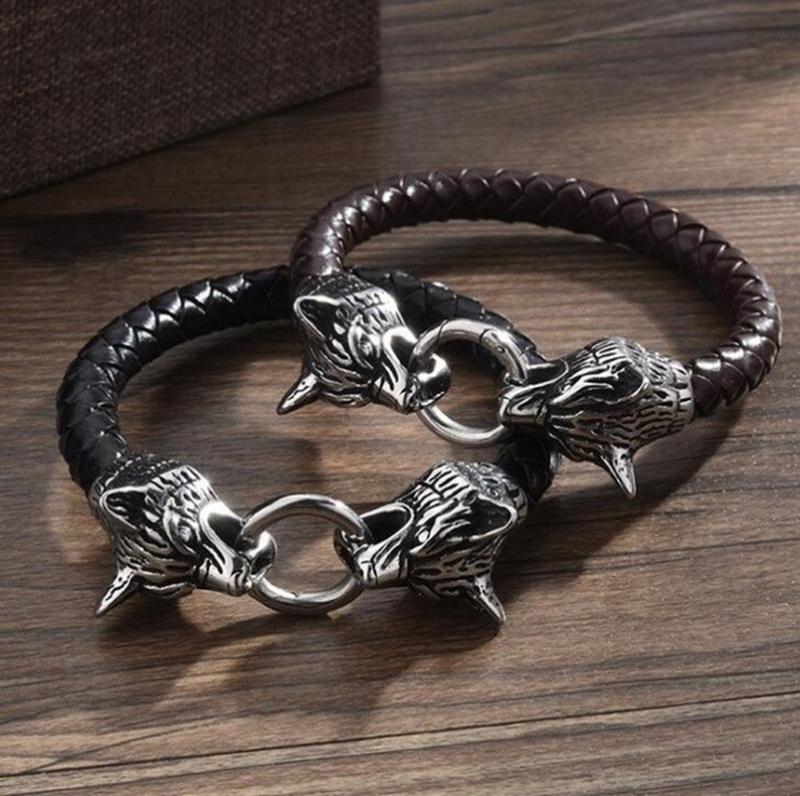 Bracciale testa di lupo vichingo catena di corda di cuoio doppio anello di morso testa di lupo bracciale per uomo amuleto regalo gioielli vichinghi