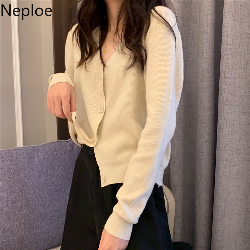 Neploe løs skør stil enkelt bryst sweater cardiagns kvindelig v-hals langærmet strikket jumper pull femme frakke solid løs 48010