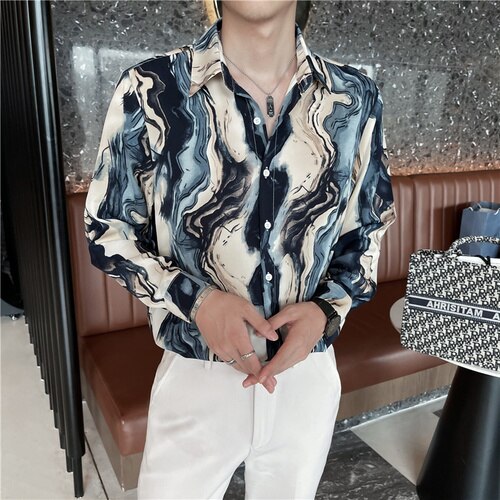 Camisas holgadas con estampado de arte a rayas para hombre, camisa informal de manga larga, ropa de calle de gran tamaño, blusa de esmoquin para Social, 2022: Azul / XXXL