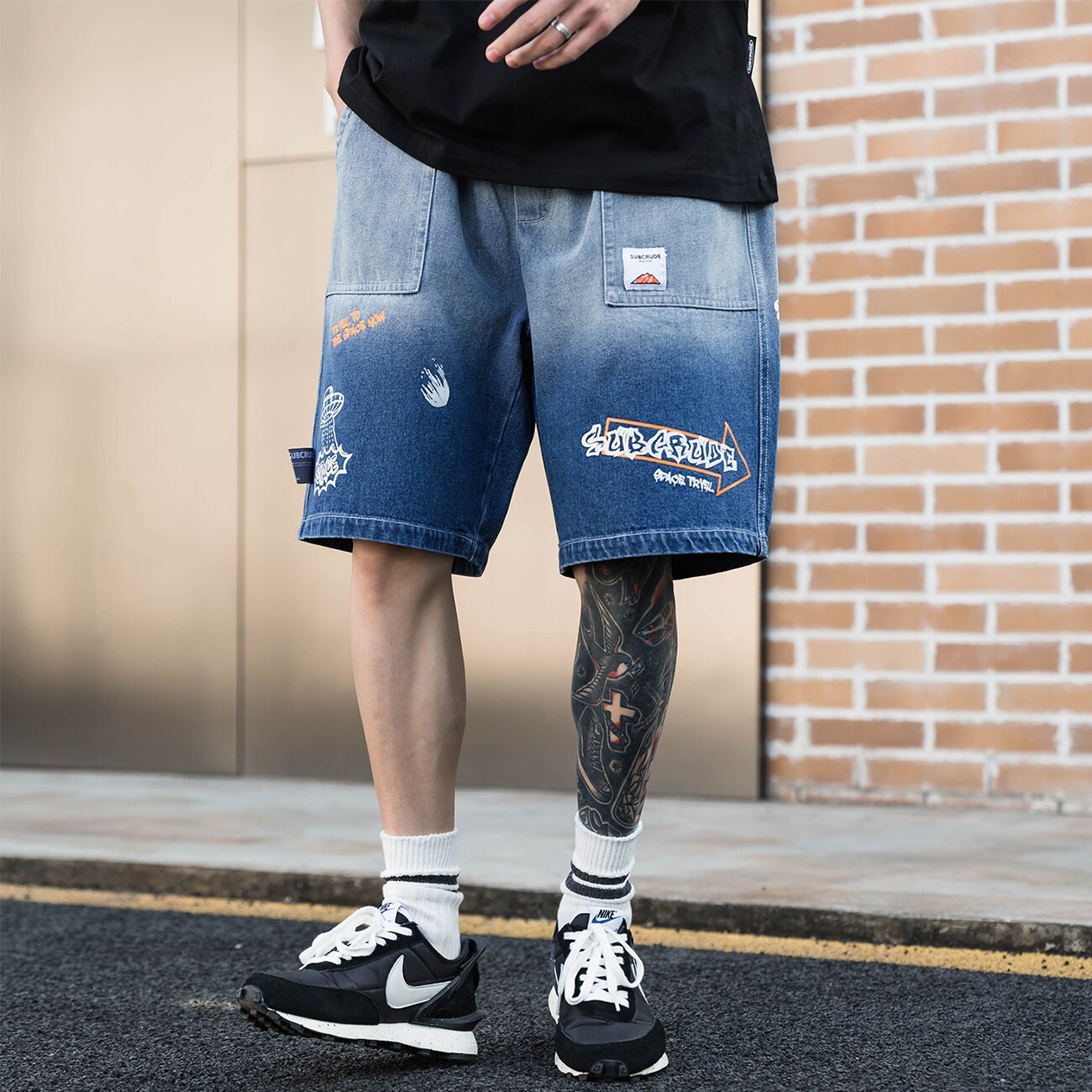 Summer Short Men Denim Jeans Streetwear Hip Hop Graffiti UFO Space Tie Dye Short Pants Harajuku Loose Jeans Shorts Summer