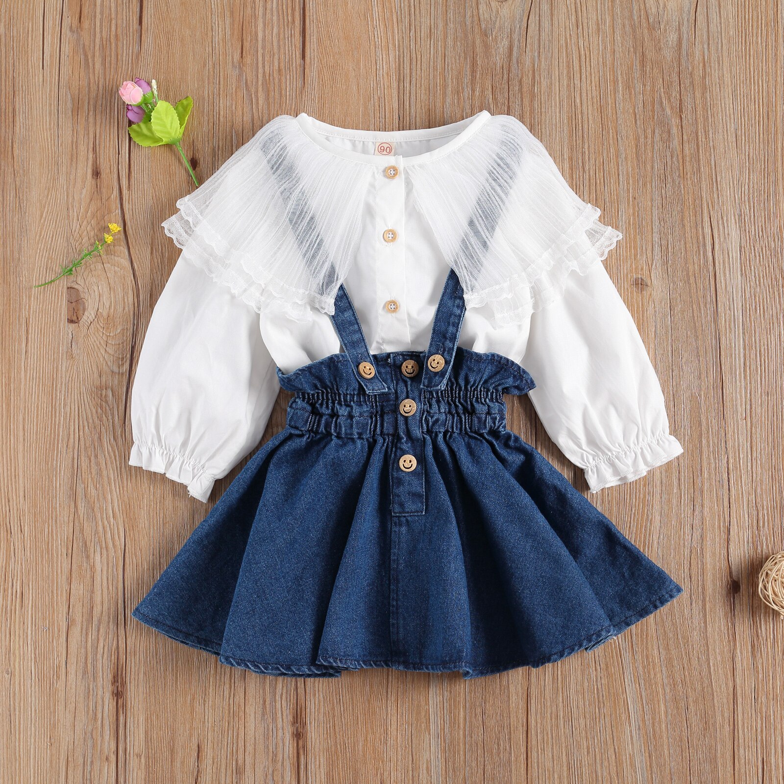Meisjes Dubbele Kanten Kraag Denim Jarretel Set, Effen Kleur Top Rok En Denim Jarretel Jas Set: 3M