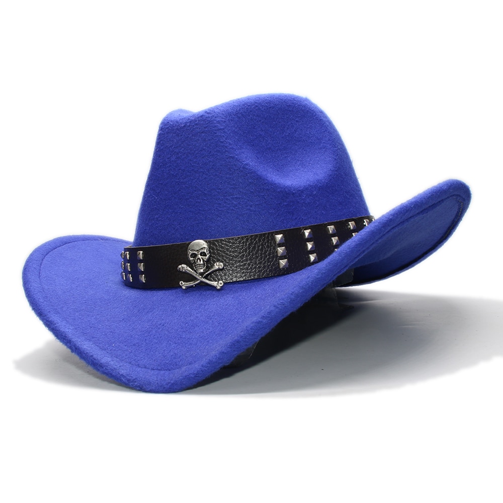 Kvinder mænd/barn barn retro uld cowboy western cowgirl bowlerhat bred skygge fedora kasket kranium læderbånd bånd  (57cm/54cm- juster: Blå / Børne størrelse 54cm