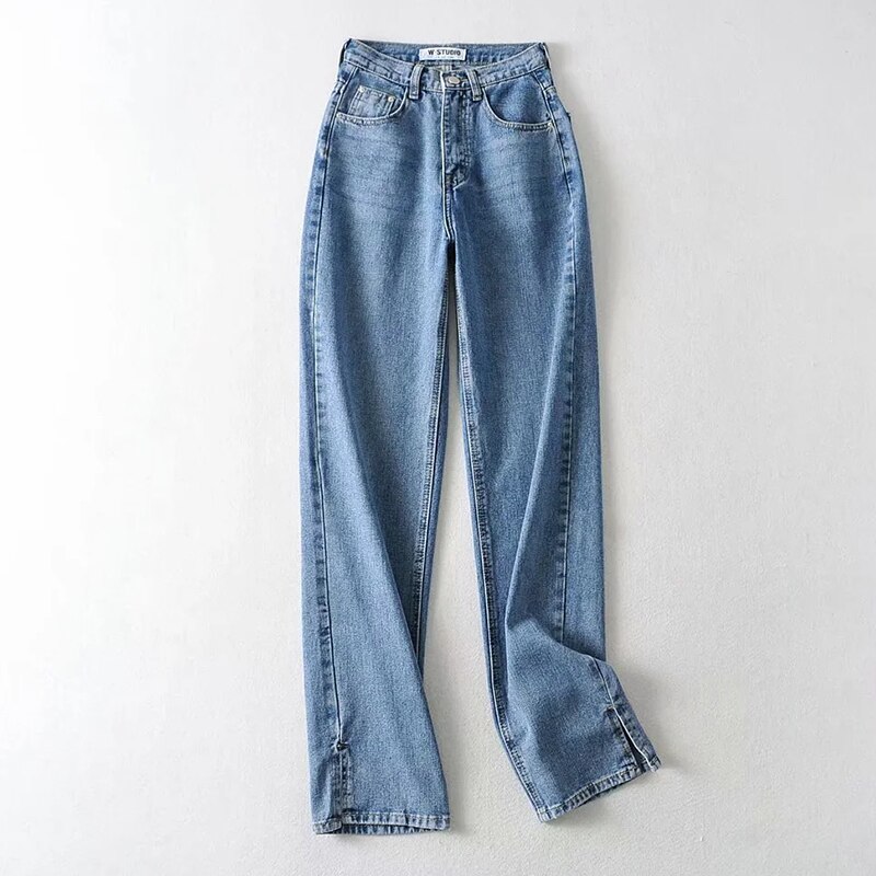Gewassen denim broek jeans dames boyfriend jeans casual broek split lange broek onderkant zwarte jeans: Blauw / Xs