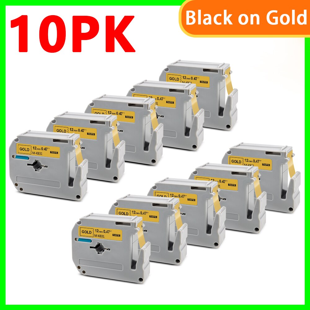 10pk sorte på hvide m -k231 labels til brother  mk 231 mk-231 label tape m tape 12mm label tape til brother p touch label maker: 10pk- sorte på guld / 9mm