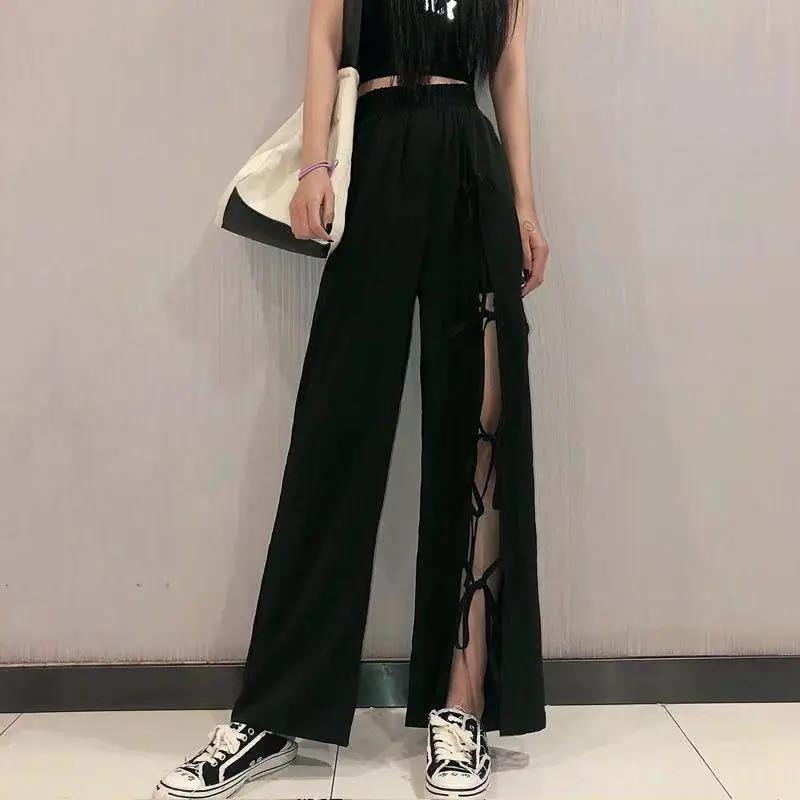 Holle Wijde Pijpen Broek Casual Broek Vrouwen Zomer Stijl Boog-Knoop Persoonlijkheid Split Veters Hoge Taille Broek streetwear Broek