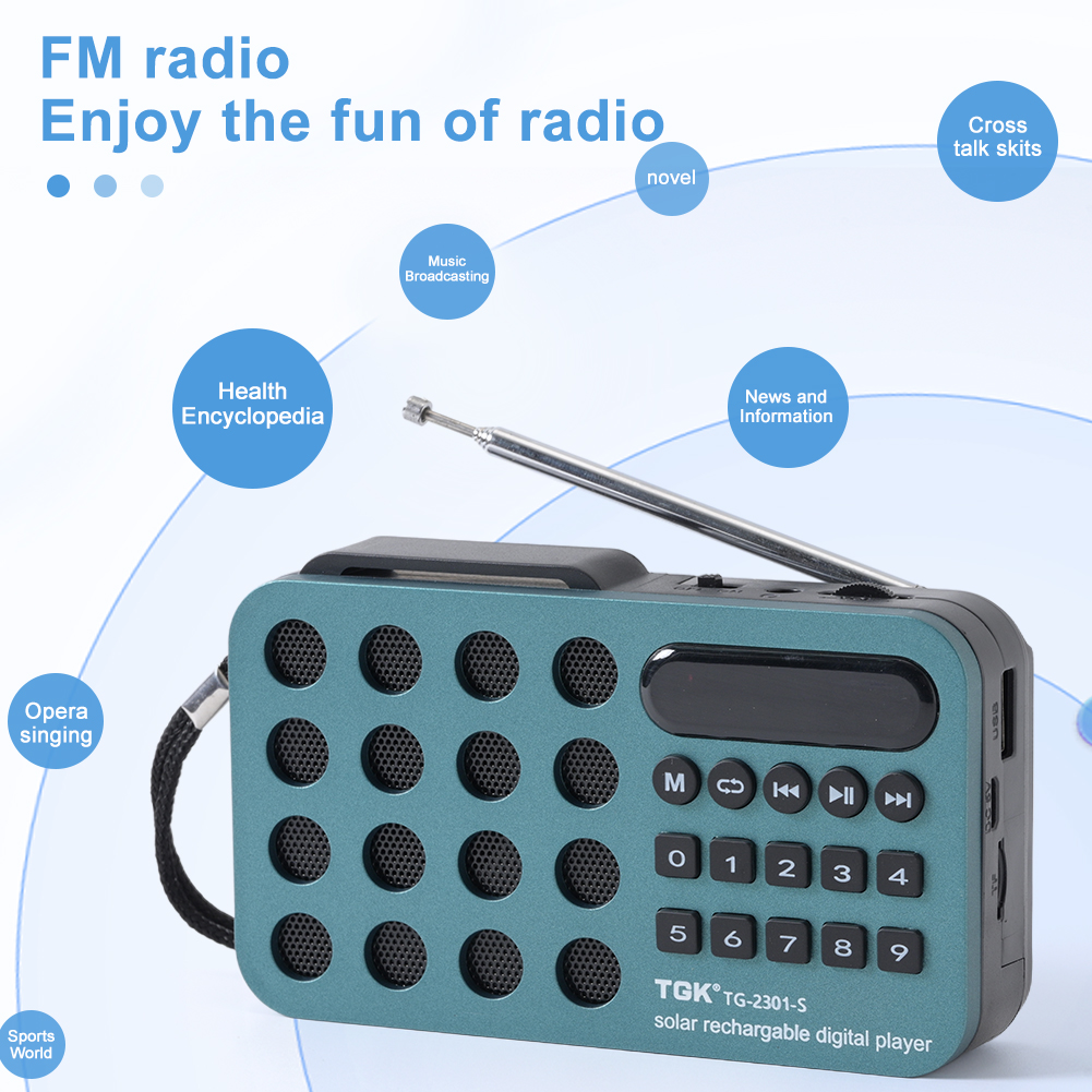 Mini bærbar lommeradio med fm-radio, bluetooth-kompatibel, solcelledrevet/genopladelig, batteridrevet, nødradio med  mp3 afspillere