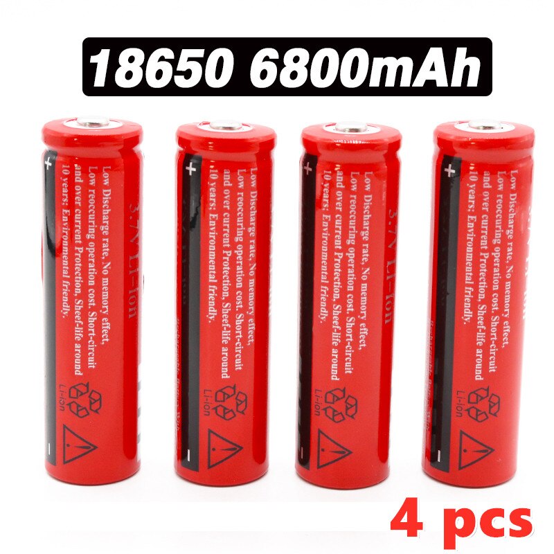100% 18650 akkua 3,7 v 6800 mah ladattavaa litiumioniakkua led-taskulamppuihin litiumakku: 4 kpl akku