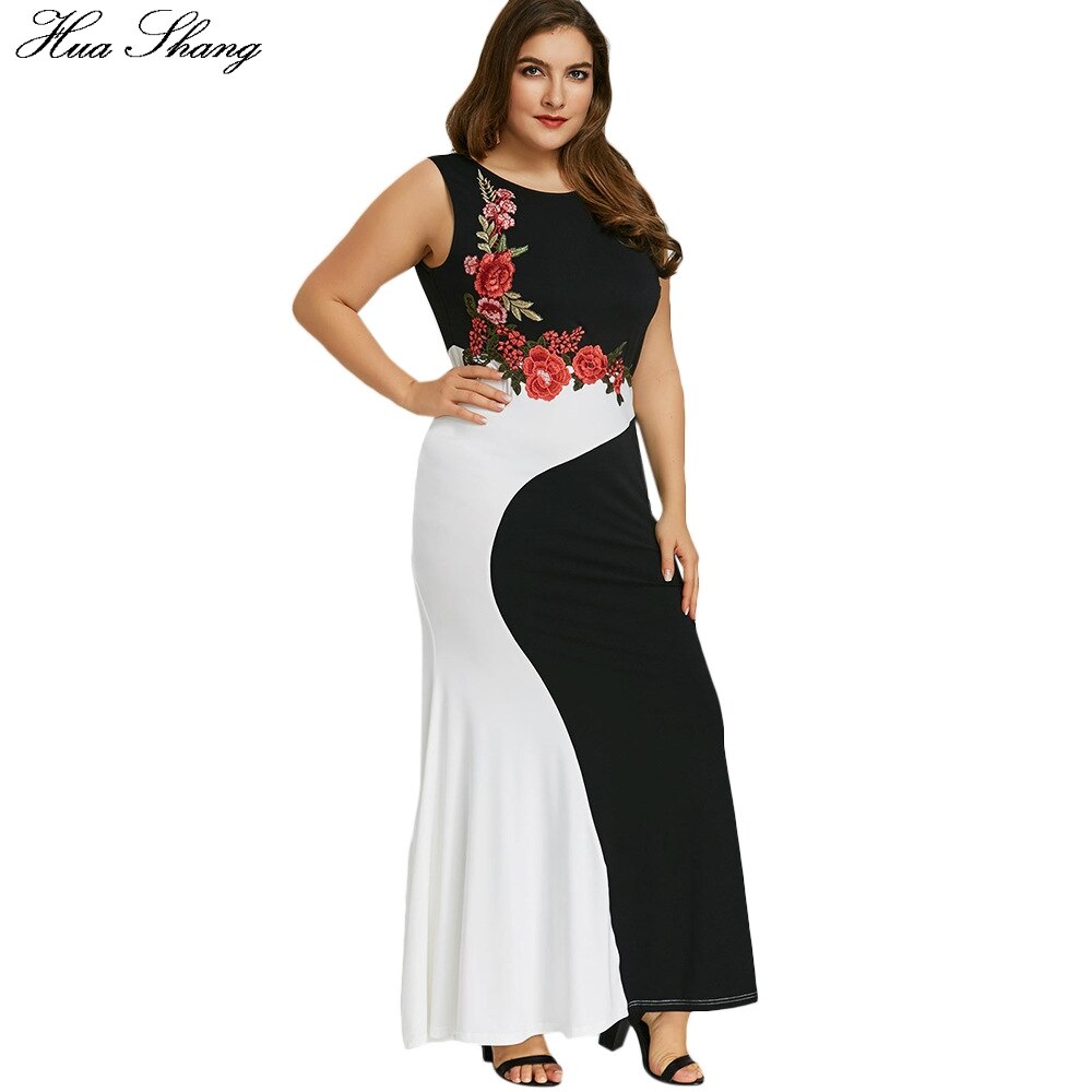 5XL Plus Size Party Dress Women Summer Sleeveless Embroidery Floral Mermaid Formal Dress Black And White Maxi Long Dresses