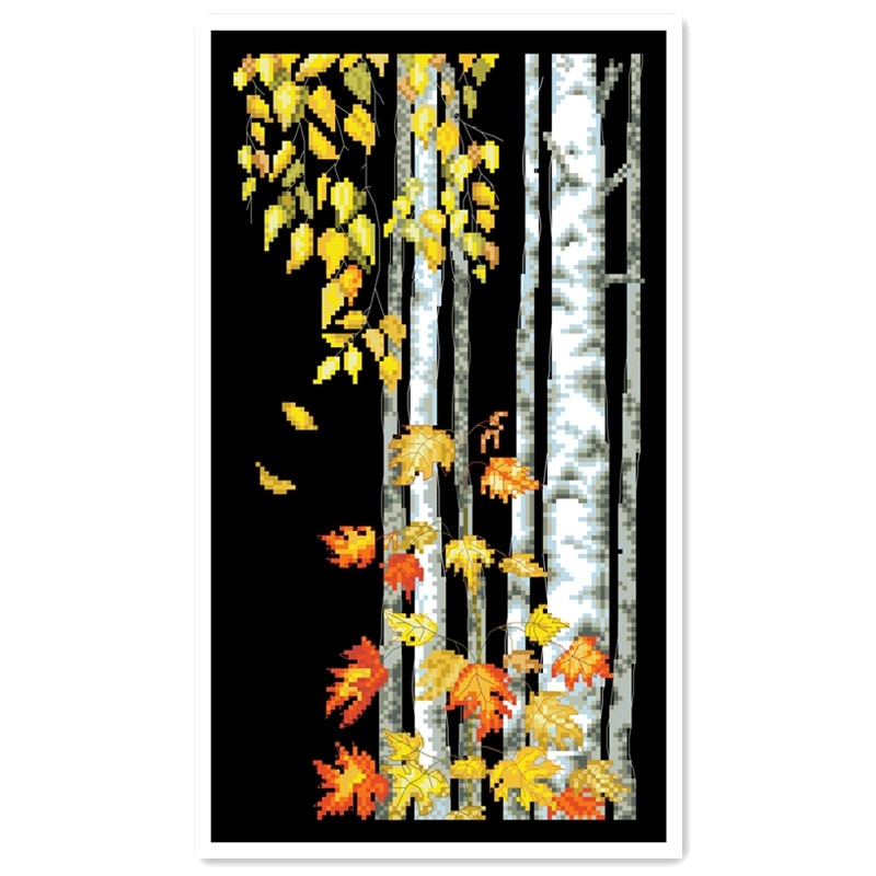 Birch leaves falling cross stitch kit forest tree 18ct 14ct 11ct black fabric cotton thread embroidery DIY handmade needlework
