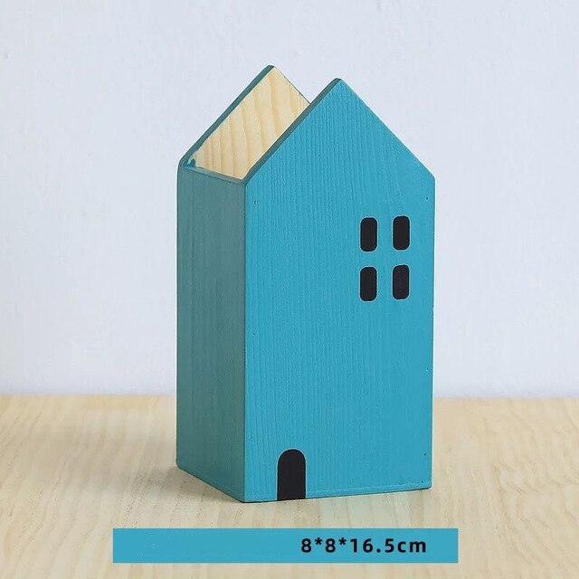 Hus form træ blyant penneholder desktop organizer opbevaringsboks container pensel pot papirvarer skole kontor tilbehør: Stor blå