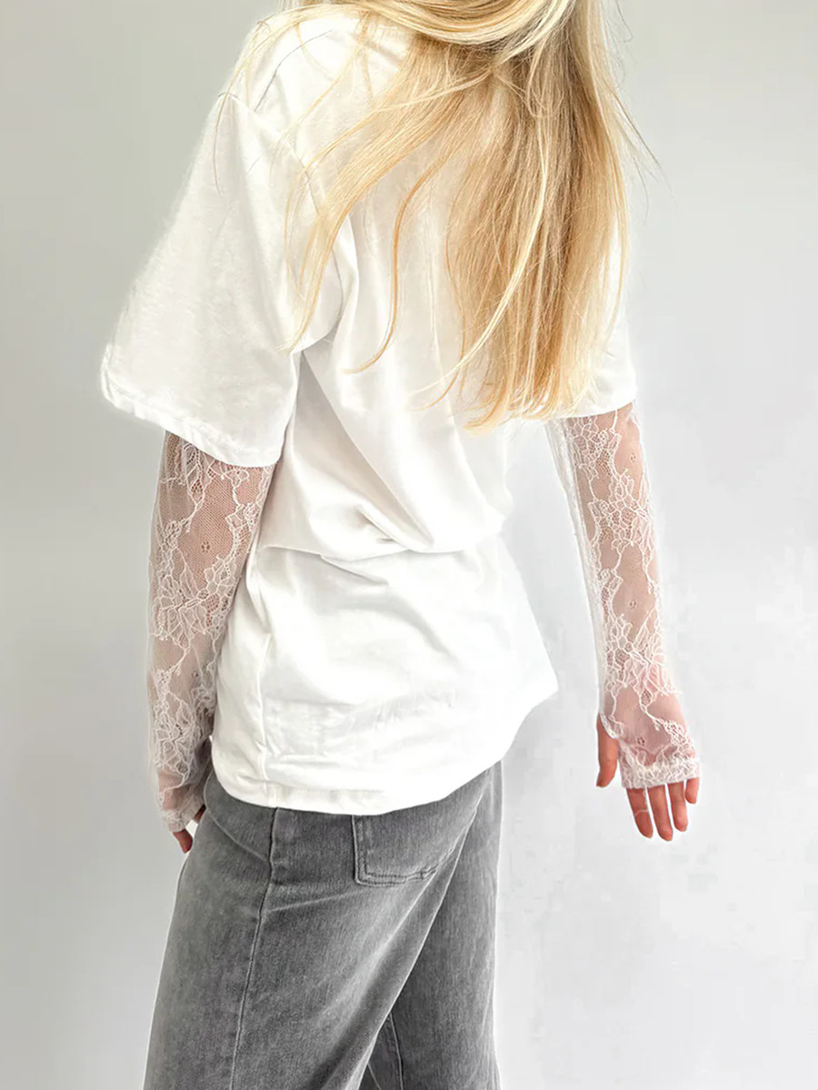 Dam t-shirt med rund hals, spets, långärmad, vardagsskjortor, vår/höst, lös passform, enfärgad t-shirt för streetwear  y2k 00s