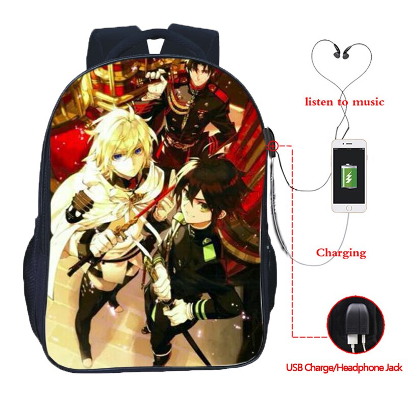 Top Seraph of the End USB Charge School Rucksack Boys Girls School Bag USB Charging Laptop Backpack: 3