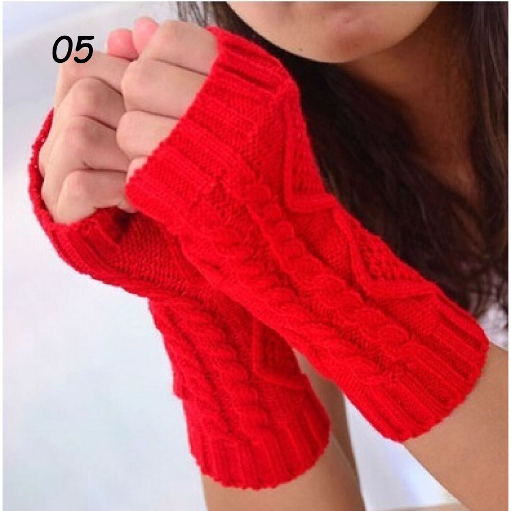 Sparsil kvinder vinterstrik fingerløse handsker varm uld strikhandske 20cm jacquard halvfinger vanter elastisk kort håndledsbeskytter: 05 røde handsker