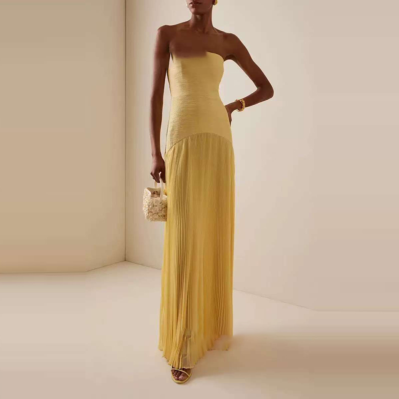 Kvinder sommer off shoulder tube top maxikjoler chic sexet ren højtaljet festkjole pit stribet draperet lang kjole: L / Beige