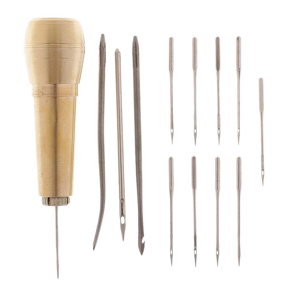 1 Set Sewing Awl，13 Needles with Copper Handle Sewing Tool Kit for Leather Craft Fabric Bags