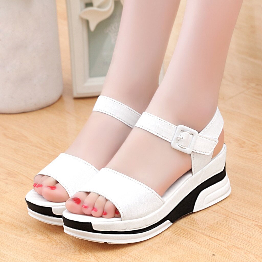 Comemore Schoenen Vrouw Zomer Mode Effen Gesp Peep Teen Platte Bodem Muffin En Platform Open Teen Schoenen Vrouw Sandalen: white / 40