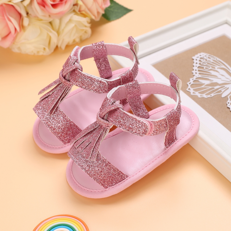 Baby Girl Sandal Neonatal Summer Sandal Leather Tassel With Bow Baby Toddler Sandal Cloth Sole Prewalker: D / 7-12 Months