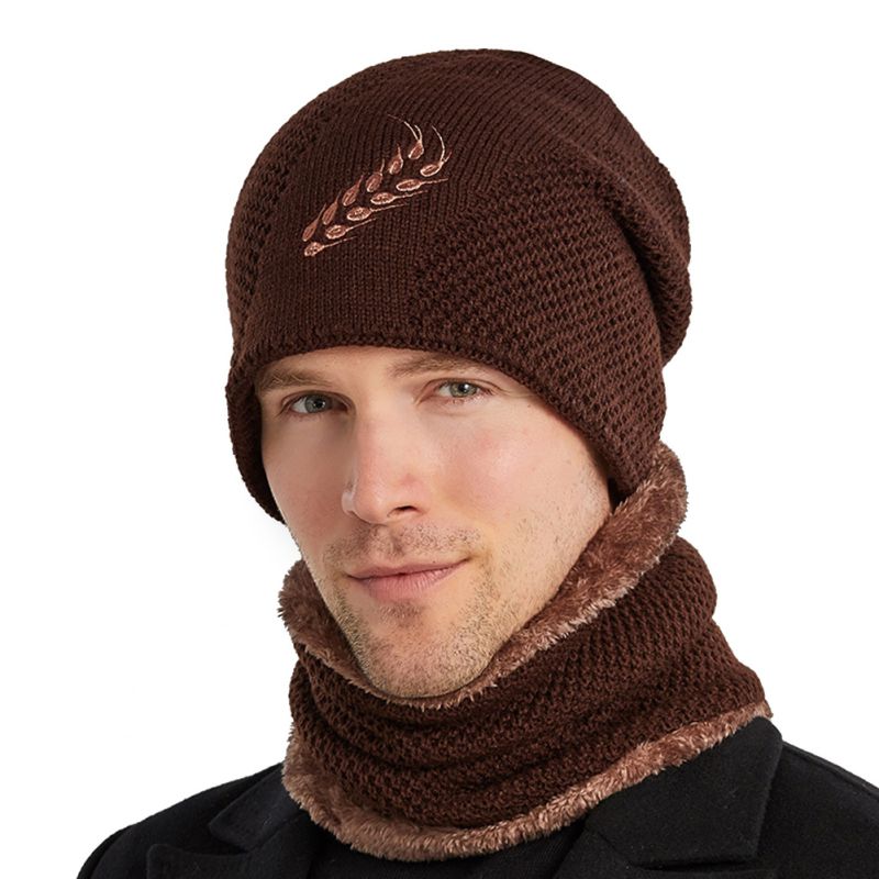 Gorro de punto para hombre de Otoño Invierno, conjunto de bufanda, gorro más cálido, grueso, térmico, mullido, cálido gorro de senderismo, gorros, gorro: brown
