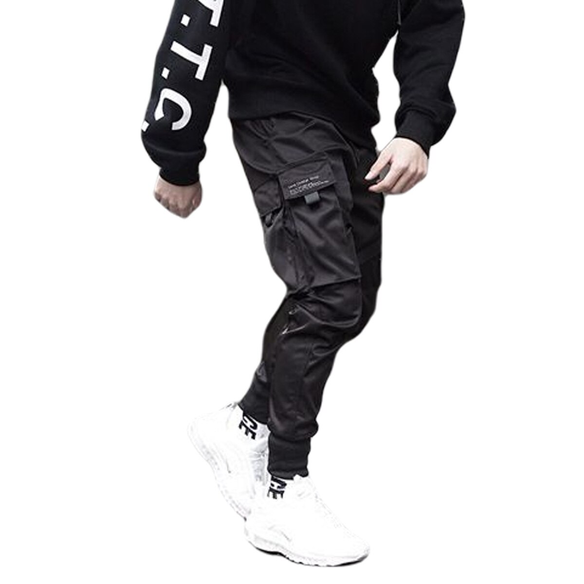 Men's Loose Cargo Pant Adjustable Straps Tapered Trousers with Multi Pockets Hip Hop Male Track Pants Joggers Trousers