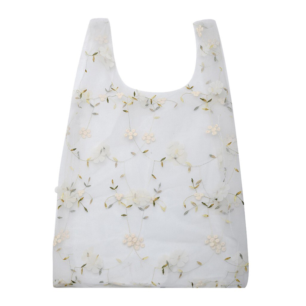 Femme fleur broderie sac à main Organza décontracté fourre-tout maille sacs à provisions femme sacs à main: White