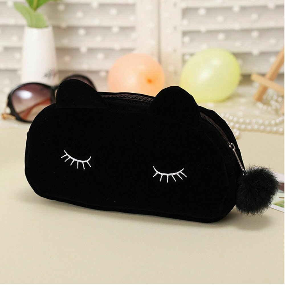 Cute Flannel Small Cosmetic Bags Women Makeup Cartoon Cat Storage Bags Travel Organizer Pen Pencil Pouch Bags: Black