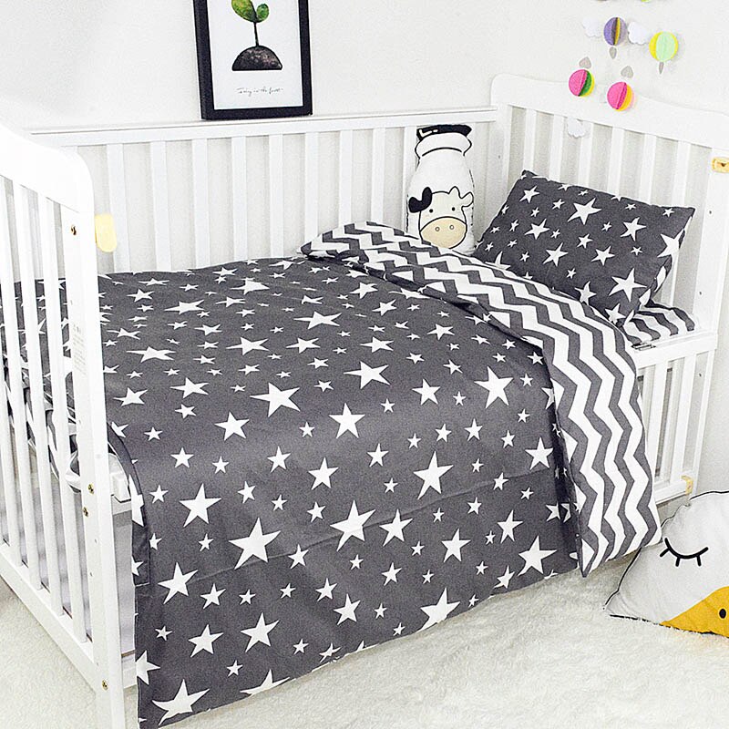 3Pcs Baby Bedding Set Cotton Crib Bedding Set Crib Kit Include Duvet Cover Pillowcase Bed Sheet: Grey Star