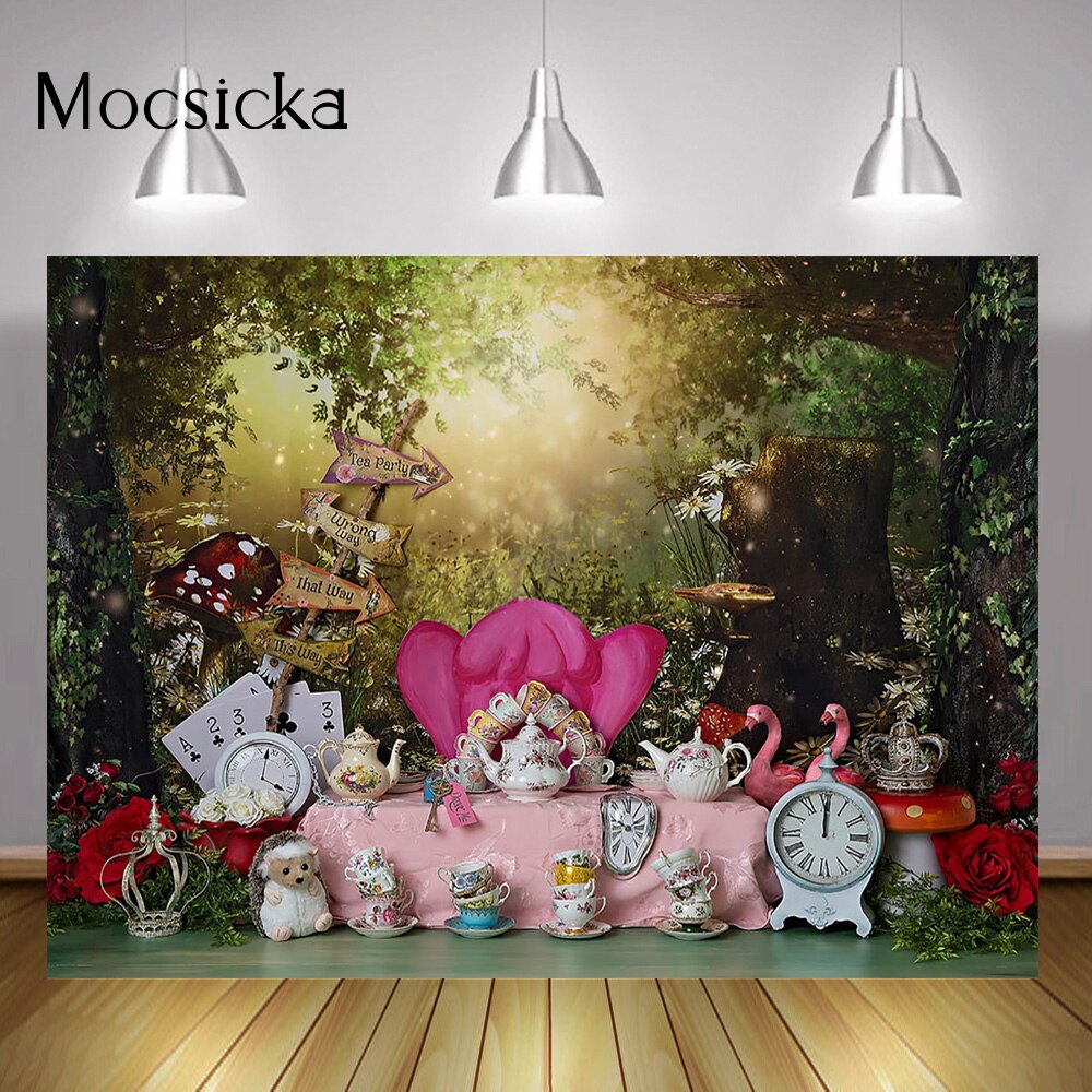 Sprookje Prinses Een Verjaardagstaart Smash Achtergrond Alice Wonderland Thee Party Achtergrond Fotografie Dromerige Bos Photocall