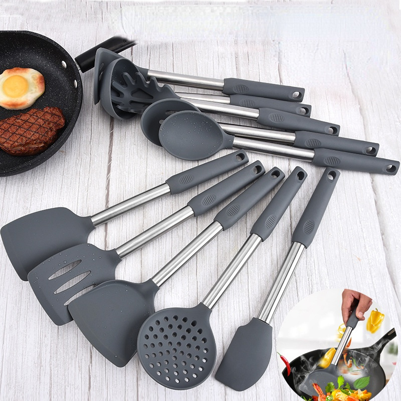 10pcs/set Stainless Silicone Kitchen Utensils Set Kitchen Cooking Spatula Non-stick Frying Spatula Pot Colander Soup Spoon