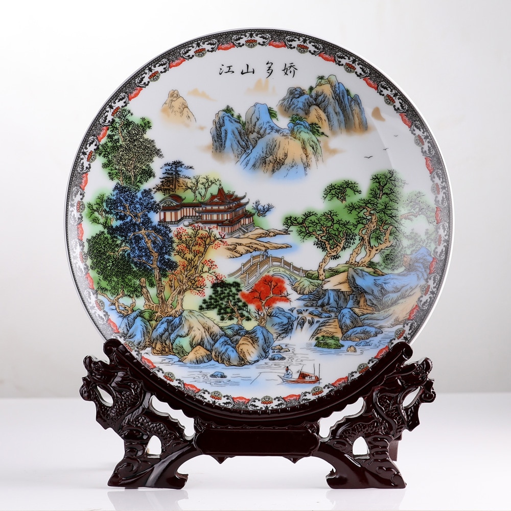 Jingdezhen kunst keramik dekorativ smuk landskab plade dekoration plade træ base hus porcelæn plade sæt bryllup