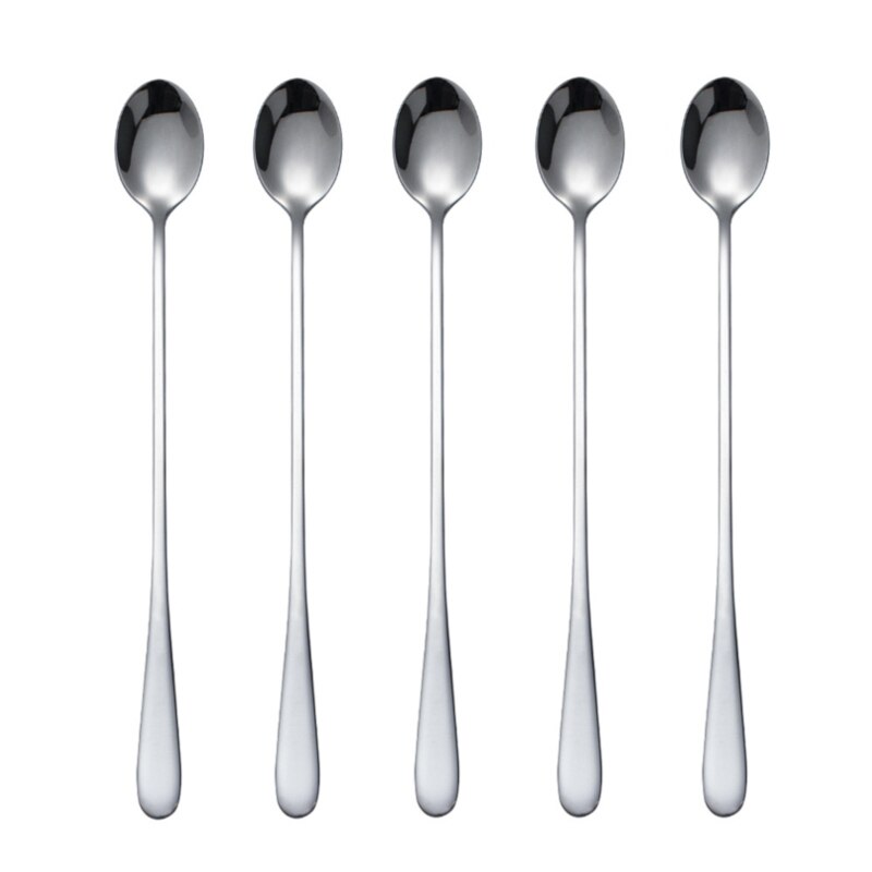 5Pcs Stainless Steel Coffee Spoon Juice Stirring Long Handle Tea Spoons Dessert Spoon Flatware Set Kitchen Drinking Cutlery Set: Silver 23cm