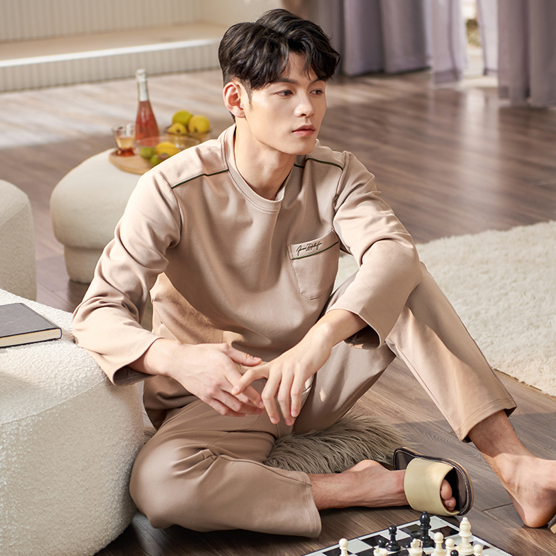 Ensemble Pyjama en coton pur pour homme, manches longues, ample, couleur unie, vêtements de nuit, haut et pantalon, collection automne et hiver