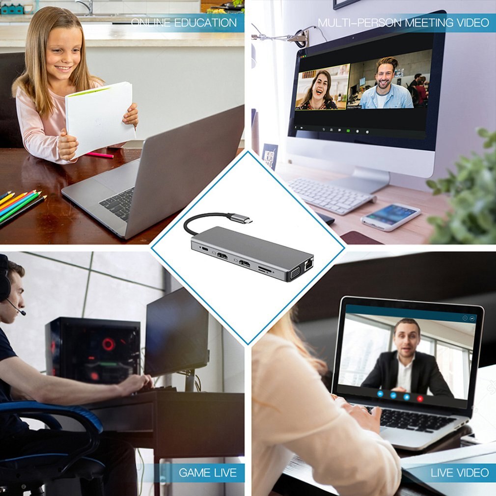 12 in usb type c dockingstation met dubbele 4k hdmi usb 3.0 usb 2.0 pd oplaad 3.5mm  rj45 aansluiting 1 dubbele tf/sd kaartsleuf usb