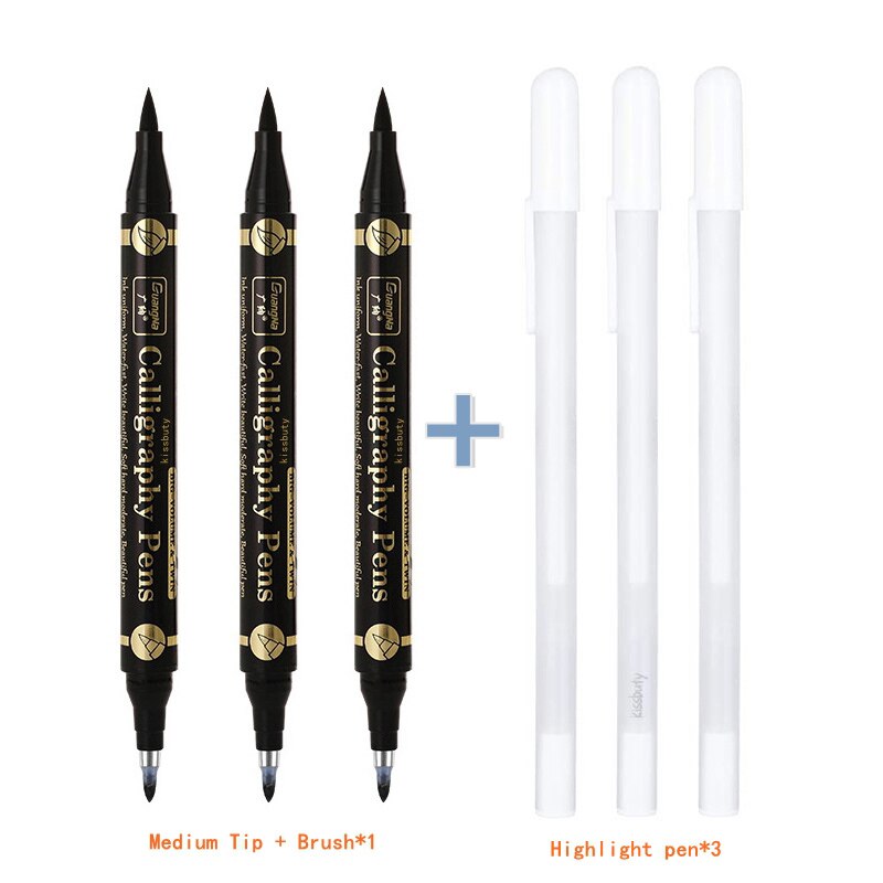 3/6PCS Dual Tip Pen Black Calligraphy Brush Pen Lettering Pens Art Marker White Pen for Beginners Writing Sketches Art Drawings: Medium Tip-6Pcs set