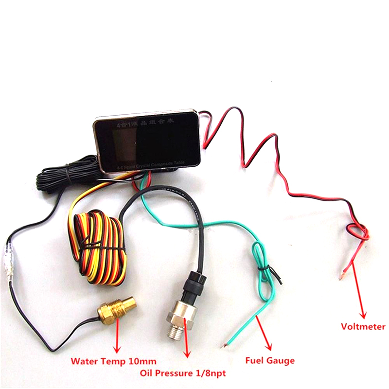 2 In 1 / 3 In 1 / 4 In 1 LCD Digital Oil Pressure Gauge Voltmeter Fuel Level Meter 1/8 NPT Oil Press Sensor + Water Temp Sensor