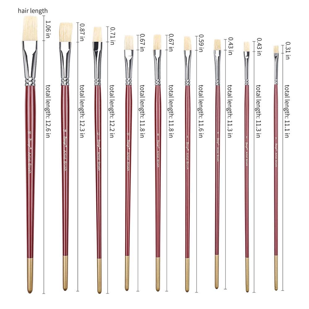 Bianyo 9Pcs Varkenshaar Haar Platte Kwasten Lange Handvat Olie Acryl Voor Kunstenaar Professionele Tekening Schilderen Kunst Levert