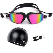 Gafas de natación antiniebla para hombre y mujer, lentes antiniebla profesionales con tapón para la oreja, a prueba de agua, para natación, juego de gorro: Negro